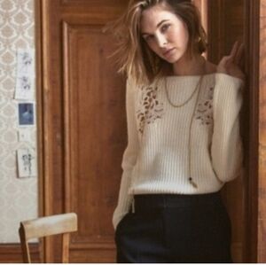 Sezane Cream Sweater with Lace Accents